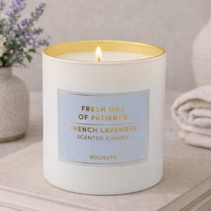 “Fresh Out of Patience” Funny Candle – French Lavender Scented – 8 oz – NEW